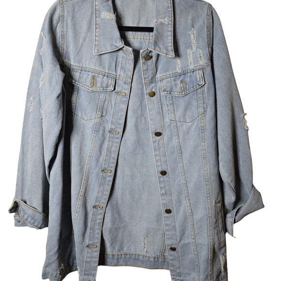 Loose longline Denim Jacket Distressed  NWOT Large - Picture 3 of 5